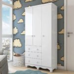 Guarda-Roupa Infantil Mimo 3 Portas e 3 Gavetas - 100% MDF Branco Brilho [Kit Rodapé Duplo]